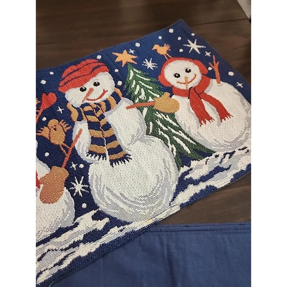 Christmas Tapestry Table Runner Snowman Winter Scene 72x13 Holiday Table Setting